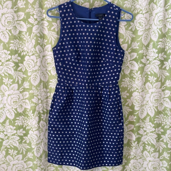 NWT J. Crew Navy Blue Fit and Flare Dress with Silver Metallic Dots - Picture 1 of 9